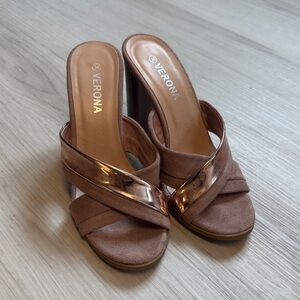 Versona Tan Suede Mules with Metallic Rose Gold Strap